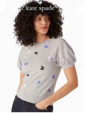Kate Spade Butterfly Embroidered Puff Sleeve Sweatshirt Grey Medium